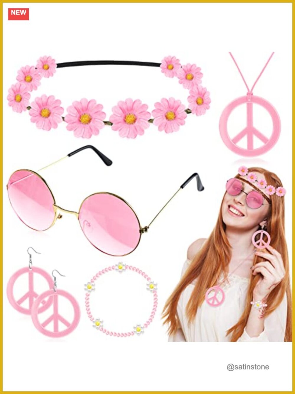 Batiyeer Hippie Costume Accessory Set 6 Pcs Headband Wristband Necklace Glasses